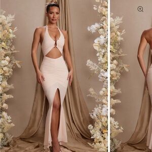 Oh Polly - Halterneck Cut Out Maxi Dress in Cream